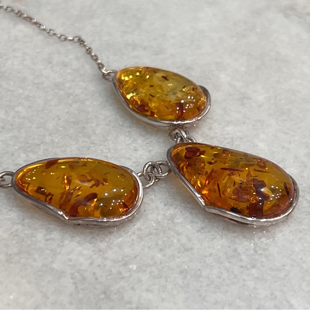 Baltic Amber Sterling Silver Trio Pendant Necklace - Picture 3 of 12